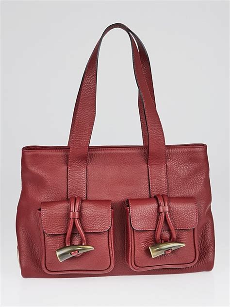 Burgundy Leather Horn Toggle Small Tote Bag 